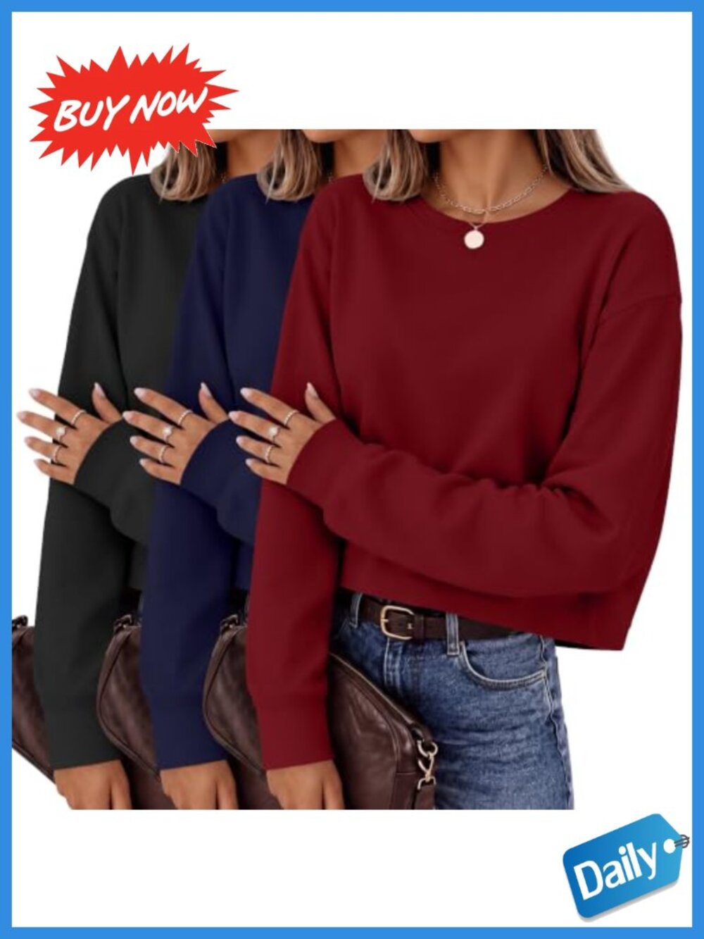 Women's 3 Pack Long Sleeve Cropped Tops Oversized Crewneck Tees